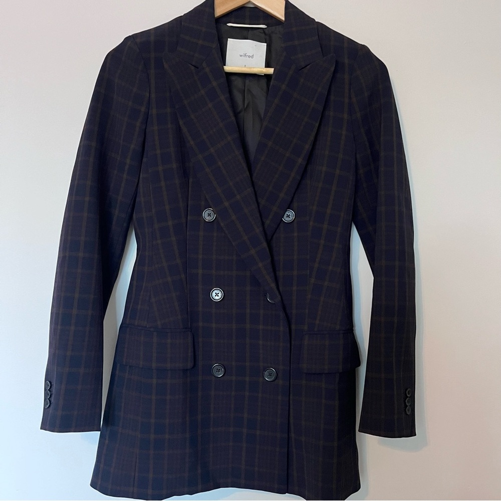 WILFRED Margaux Blazer Plaid Double Breasted Oversized Aritzia 0 XS Navy